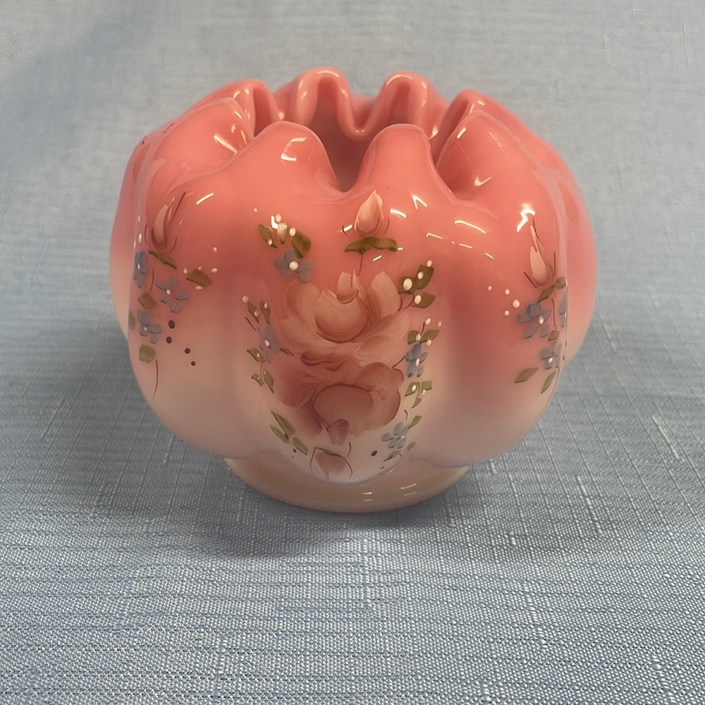 Fenton Hand Painted Rosaline Rose Bowl Signed by Artist 3.5 in